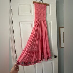 Pink Strapless Tiered Maxi Dress with Embroidered Hem